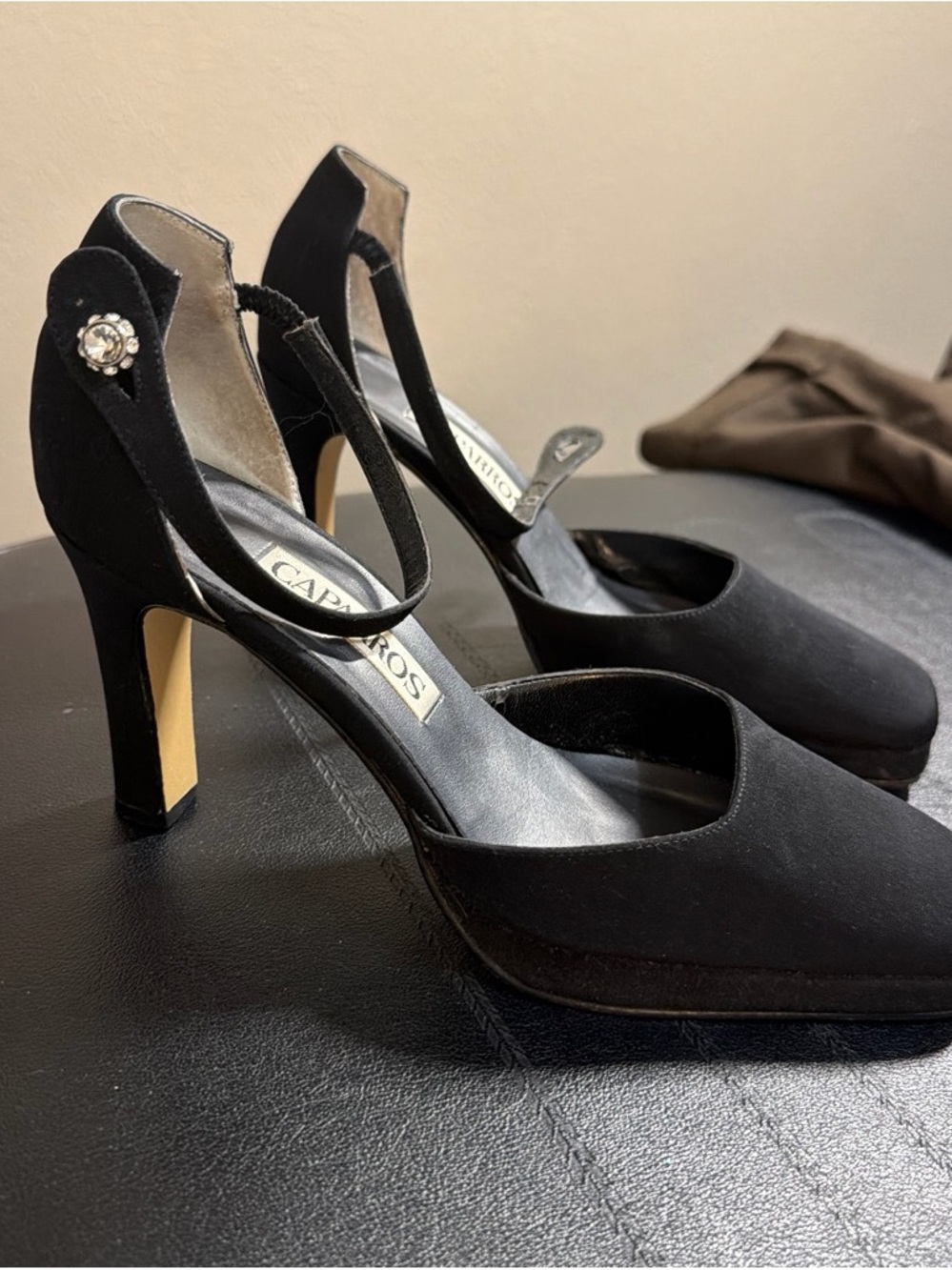 Caparros Black Nylon Ankle-Strap Pump with Decorative Button